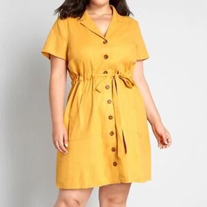 Modcloth Enthralled Again Shirt Dress Womens 1X Golden Yellow Linen Blend Button